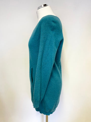 WHISTLES TURQUOISE 100% CASHMERE POCKET FRONT LONG JUMPER SIZE 8