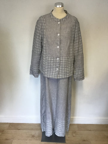 POETRY GREY & WHITE CHECK & STRIPED LINEN MAXI DRESS & MATCHING JACKET SIZE 16