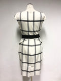 KAREN MILLEN WHITE,BLACK & GREY PEPLUM TRIM BELTED PENCIL DRESS SIZE 12