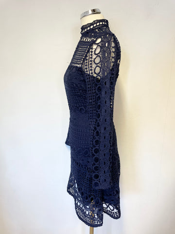 PARISIAN NAVY BLUE LACE HIGH NECK LONG SLEEVE A LINE DRESS SIZE 8