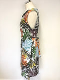 HOBBS MULTI COLOURED LEAF PRINT LINEN SLEEVELESS BELTED SHIFT DRESS SIZE 14