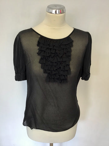 TEMPERLEY BLACK SILK FRILL TRIM SHORT SLEEVE TOP SIZE 10