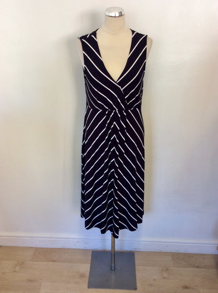 LAURA ASHLEY NAVY BLUE & WHITE STRIPED STRETCH JERSEY DRESS SIZE 16