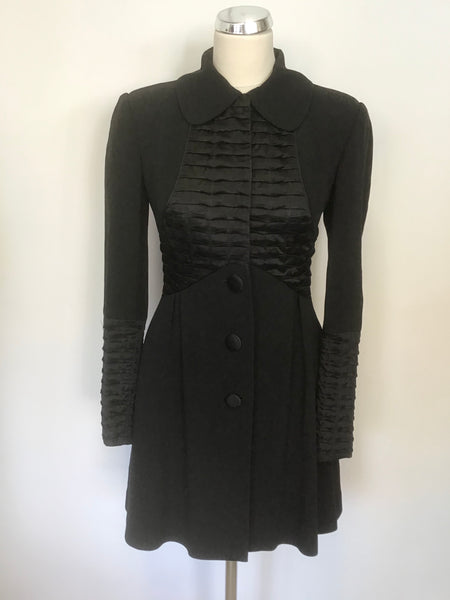 TEMPERLEY BLACK WOOL & SILK PLEATED TRIM BUTTON FASTEN SILK LINED COAT SIZE 8