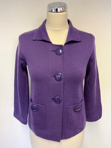 LK BENNETT PURPLE WOOL BLEND COLLARED 3/4 SLEEVE CARDIGAN,JACKET SIZE S