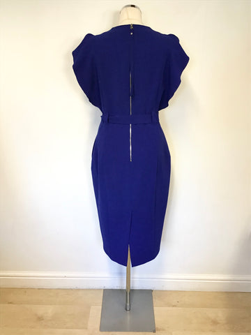 KAREN MILLEN COBALT BLUE V NECKLINE TIE BELT PENCIL DRESS SIZE 14