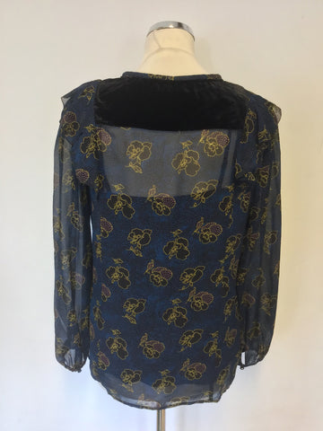 LK BENNETT LETICIA BLUE FLORAL PRINT SILK TOP SIZE 12