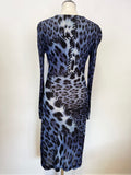 ROBERTO CAVALLI BLUE PRINT LONG SLEEVE STRETCH PENCIL DRESS SIZE 44 UK 14