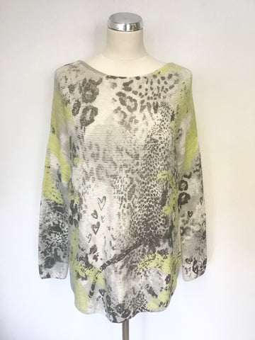 OUI PALE GREY, LIME GREEN & BLACK PRINT LONG SLEEVE JUMPER SIZE 12