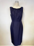 LK BENNETT NAVY BLUE BOW TRIM COTTON & SILK PENCIL DRESS & JACKET SUIT SIZE 10