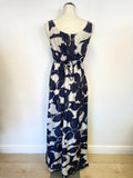 LK BENNETT NAVY BLUE & IVORY FLORAL PRINT 100% SILK SLEEVELESS MAXI DRESS SIZE 12