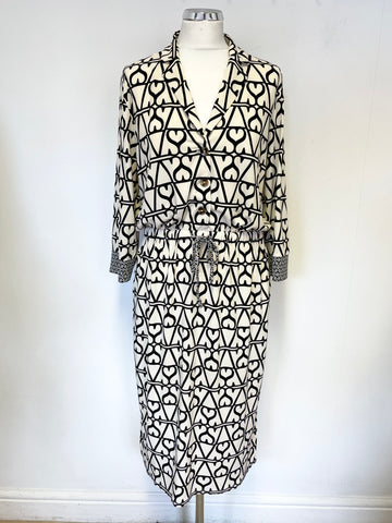 OUI IVORY & BLACK PRINT COLLARED 3/4 SLEEVE MIDI DRESS SIZE 12