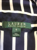 RALPH LAUREN NAVY BLUE & WHITE STRIPE FRILL TRIM SLEEVELESS BLOUSE SIZE 6 UK 10