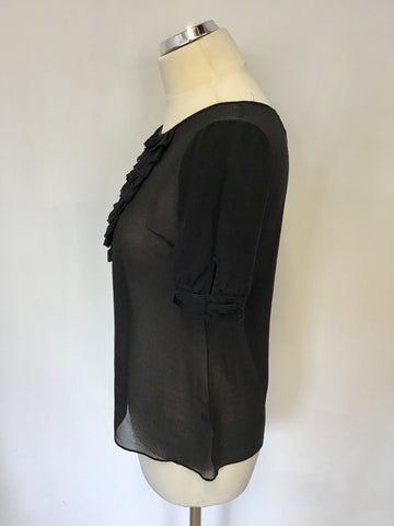 TEMPERLEY BLACK SILK FRILL TRIM SHORT SLEEVE TOP SIZE 10