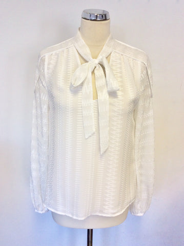 KAREN MILLEN WHITE PUSSY BOW TIE LONG SLEEVE BLOUSE SIZE 12