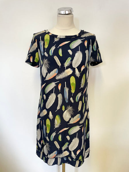 HOBBS NW3 NAVY BLUE FEATHER PRINT SILK SHORT SLEEVE SHIFT DRESS SIZE 8