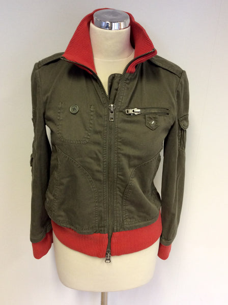 MARC JACOBS KHAKI & ORANGE RIB KNIT ZIP UP JACKET SIZE S