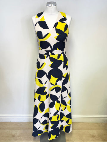 LK BENNETT LINA BLUE & YELLOW PATTERNED SLEEVELESS MAXI DRESS SIZE 10