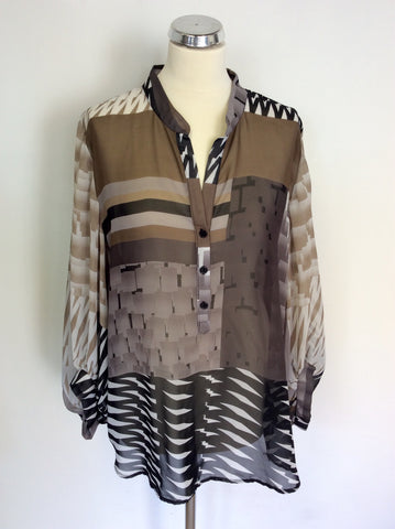 JOSEPH RIBKOFF BLACK, WHITE & BROWN PRINT BLOUSE SIZE 20