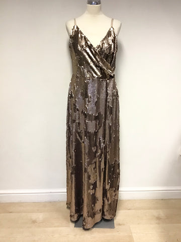 BRAND NEW MYLEENE KLASS BRONZE SEQUINEED LONG EVENING DRESS SIZE 16