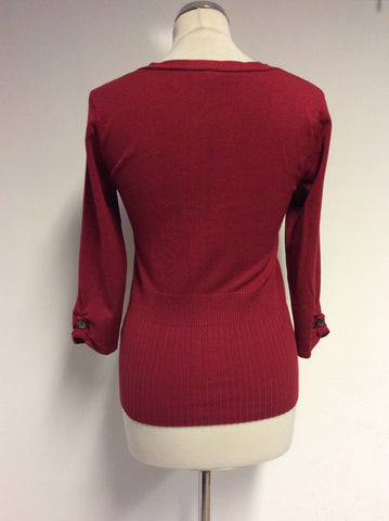 KAREN MILLEN RED SQUARE NECK BUTTON TRIM JUMPER SIZE 2 UK 10/12