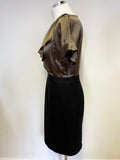 COAST BROWN & BLACK FRILLED SILK BODICE PENCIL DRESS SIZE 12