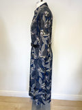 K DESIGN BLUE & GREY PATTERNED 3/4 SLEEVE BELTED MIDI DRESS SIZE XL