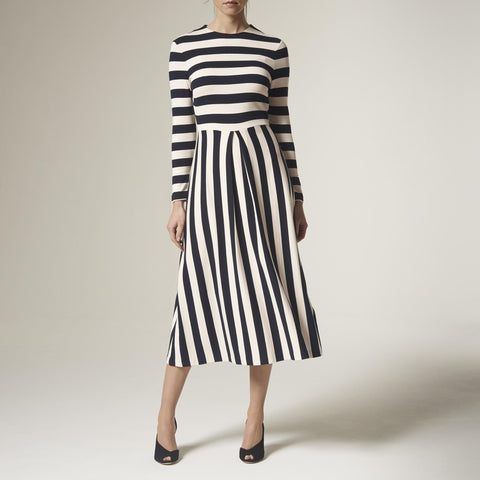 LK BENNETT MARIA NAVY & CREAM BOLD STRIPE JERSEY LONG SLEEVE MIDI DRESS SIZE 12