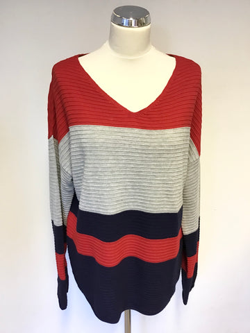 OUI RED, GREY & NAVY STRIPE V NECK JUMPER SIZE 14