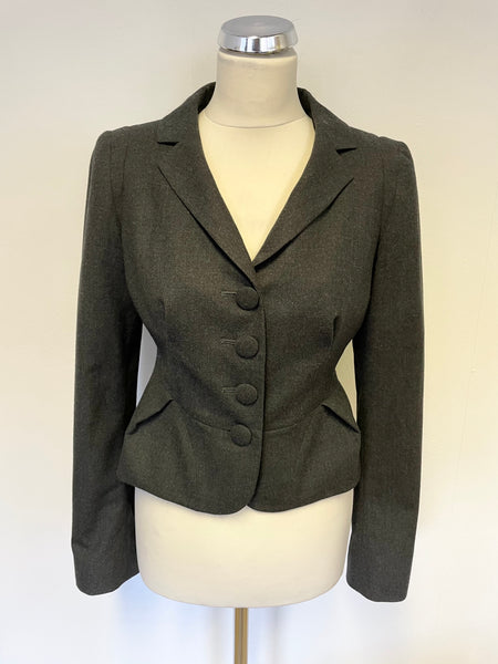 LK BENNETT CHARCOAL GREY TAILORED REAR TIER FRILL WOOL JACKET SIZE 14