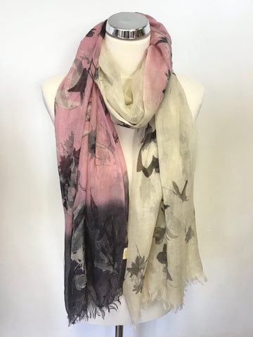 PASHMA CREAM,PINK & GREY FLORAL PRINT SILK & CASHMERE SCARF/WRAP ONE SIZE