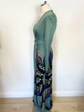 ISSA LONDON GREEN & MULTI COLOURED SILK LONG SLEEVE MAXI DRESS SIZE 8