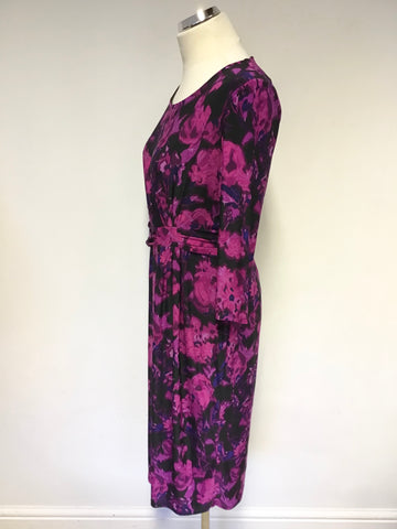 PRÉCIS BLACK & FUSHIA PINK FLORAL PRINT 3/4 SLEEVE DRESS SIZE 14