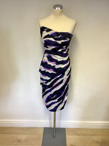 KAREN MILLEN PURPLE,WHITE & NAVY PRINT STRAPLESS DRESS SIZE 12