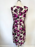 LK BENNETT IVORY BLACK & MAGENTA FLORAL PRINT SLEEVELESS PENCIL DRESS SIZE 12