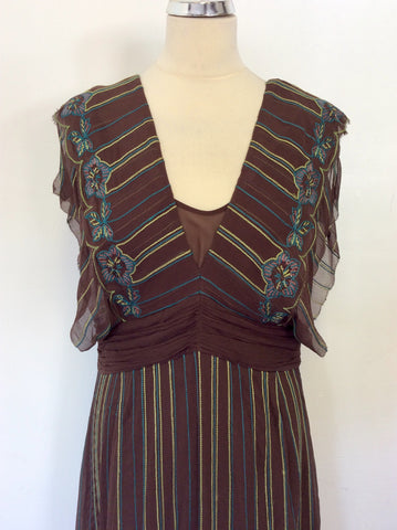 KAREN MILLEN BROWN SILK EMBROIDERED DRESS SIZE 14