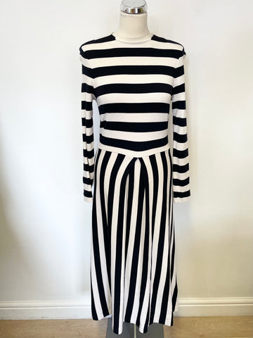 LK BENNETT MARIA NAVY & CREAM BOLD STRIPE JERSEY LONG SLEEVE MIDI DRESS SIZE 12