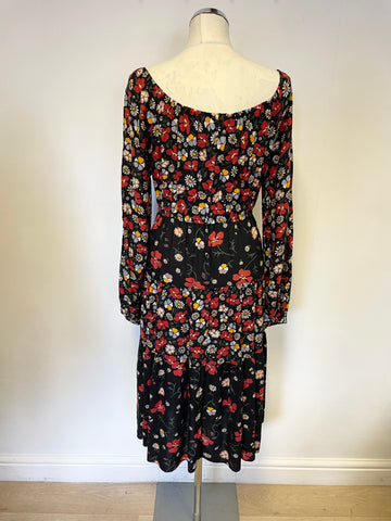 VINTAGE SUZIE G BLACK & MULTI COLOURED FLORAL PRINT ON / OFF SHOULDER DRESS SIZE M