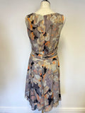 LK BENNETT CARLY GREY,CORAL & MULTI COLOURED PRINT SILK FIT & FLARE SPECIAL OCCASION DRESS SIZE 12