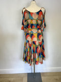 JAEGER MULTI COLOURED SPOTTED SILK COLD SHOULDER TIE BELT DRESS SIZE 14