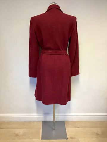 RONIT ZILKHA RED HARRIS TWEED 100% WOOL TIE BELT KNEE LENGTH COAT SIZE 12