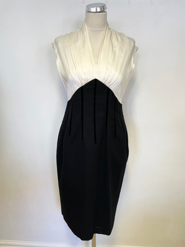 LK BENNETT IVORY & BLACK SILK & WOOL SLEEVELESS PENCIL DRESS SIZE 12