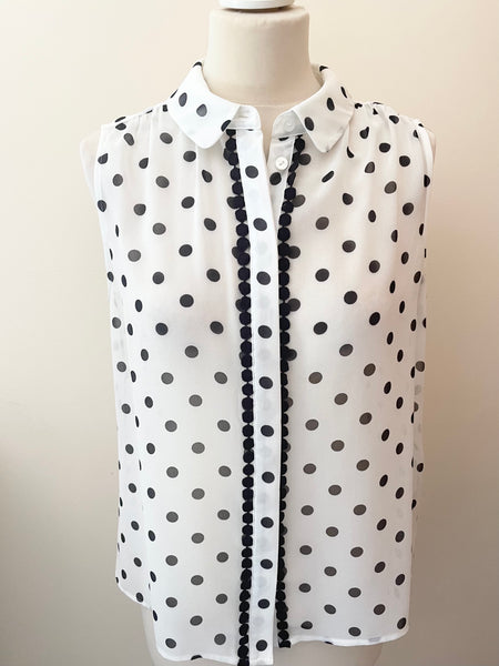 HOBBS WHITE & BLACK SPOT COLLARLESS SLEEVELESS TOP SIZE 12