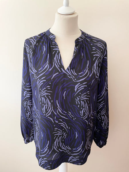 WHISTLES BLACK,BLUE & LILAC PATTERN LONG SLEEVE TOP SIZE 10