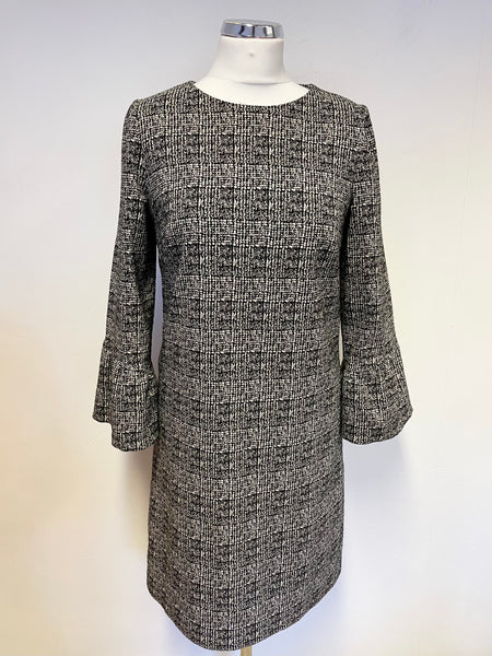 HOBBS BLACK & WHITE PRINT 3/4 BELL SLEEVE SHIFT DRESS SIZE 10