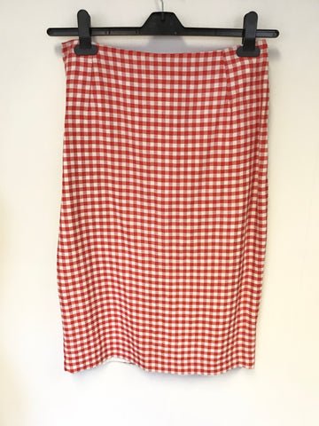 LK BENNETT RED & WHITE GINGHAM LINEN & COTTON PENCIL SKIRT SIZE 10