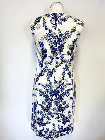 HOBBS INVITATION WHITE & BLUE FLORAL PRINT SLEEVELESS PENCIL DRESS SIZE 12