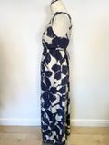 LK BENNETT NAVY BLUE & IVORY FLORAL PRINT 100% SILK SLEEVELESS MAXI DRESS SIZE 12