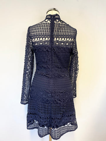 PARISIAN NAVY BLUE LACE HIGH NECK LONG SLEEVE A LINE DRESS SIZE 8