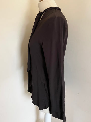 RIANI BROWN SILK BLEND V NECK LONG SLEEVE BLOUSE WITH TIE SIZE 12